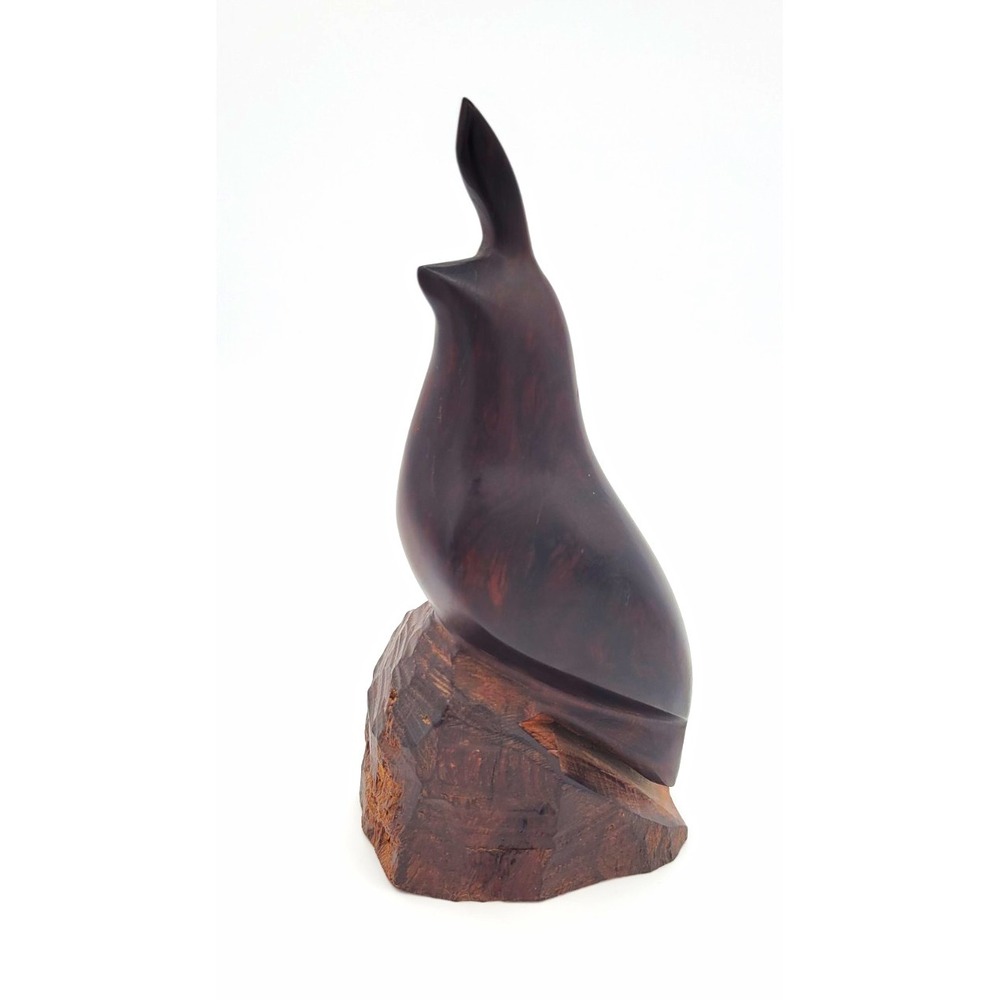 Carved Wood Bird Sculpture Figurine on Wood Base, Brown/Black Smooth Finish